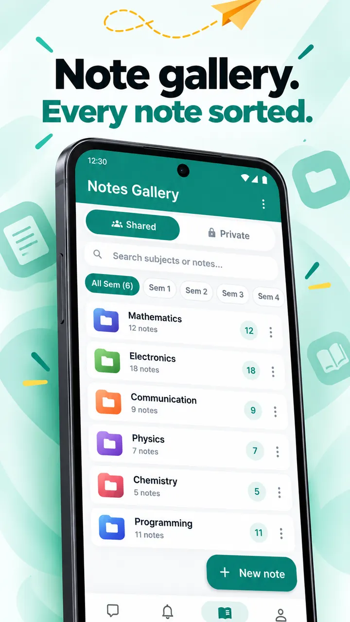 NoteShuttle notes gallery with subject folders and shared study notes