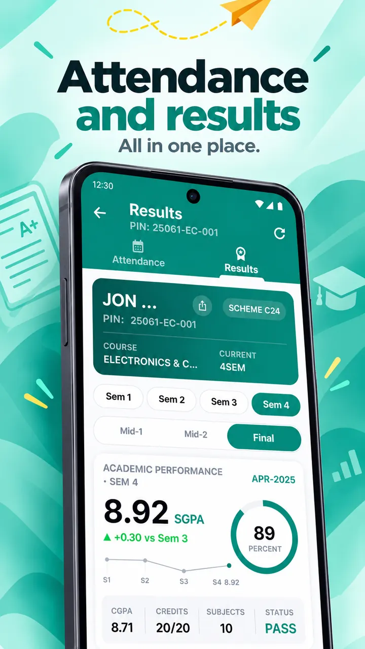 SBTET results screen in NoteShuttle showing semester marks